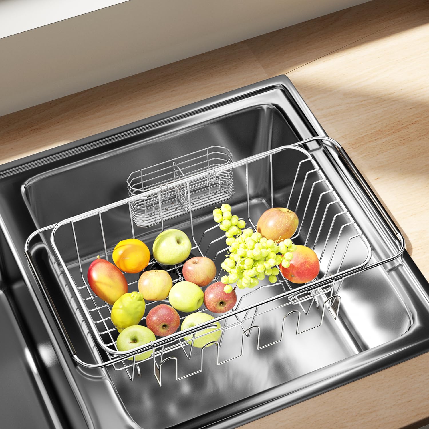 Small Dish Drying Rack in Sink, Extendable Stainless Steel Dish Drainers for Kitchen Counter, Anti-Rust Dish Dryer Rack with Utensil & Cup Holders, for Inside Sink, Over The Sink(for 1-2 People)