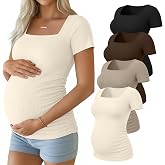 Huukeay 4 Pack Women's Short Sleeve Maternity Shirts | 92% Cotton Ribbed Maternity Clothes, Square Neck Pregnancy Tops, Mama Side Ruched Work Daily Wear Tees Summer Trendy Outfits