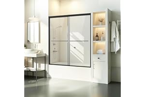 VEVOR Bathtub Shower Door, 56-60" W x 60" H, Semi-Frameless Double Sliding Tub Door, Semi-Frameless Bypass Tub Door with 1/4 in Shatterproof Tempered Glass and Stainless Steel Handle, Black