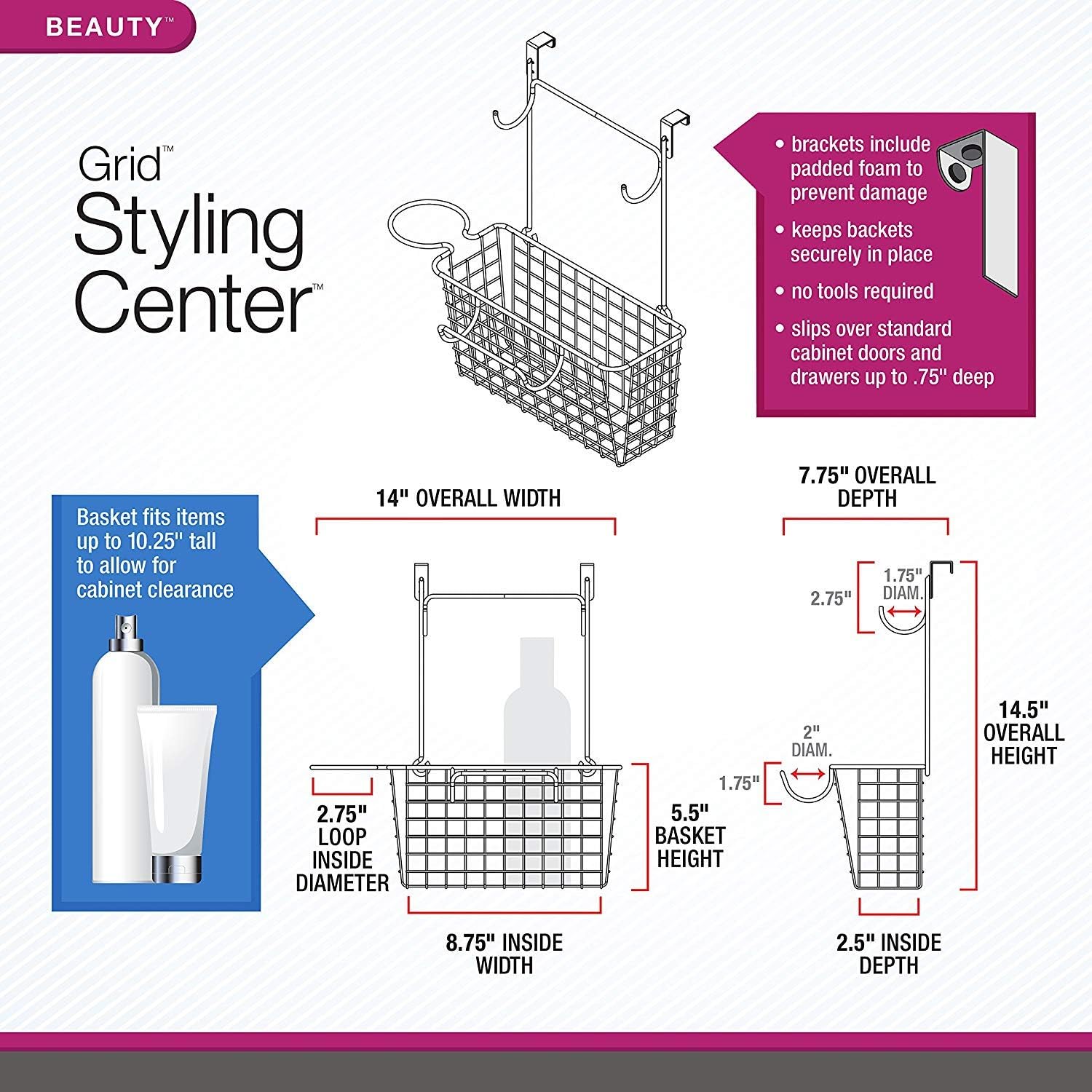 Spectrum Diversified Grid Wide Hair Station Basket Over the Cabinet Door Steel Wire Bathroom Organizer, Includes Hooks for Styling Tools & Loop for Blow Dryer, Bronze: Home & Kitchen