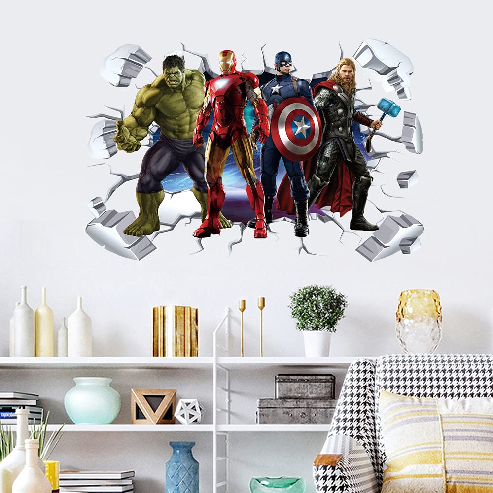 T-YU Superheroes Breaking Through Wall Sticker 3D Hulk Children Boys Wall Decals Peel and Stickers for Spider Walls Bedroom Living Room Home Décor(15.7X23.7) Inch