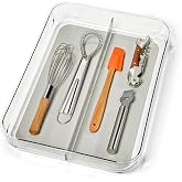 madesmart Clear 2 Compartment Compact Utensil Tray, Grey | non slip feet, rounded corners, see through design, soft grip lining, wide channels, spatulas whisks tongs, woman owned