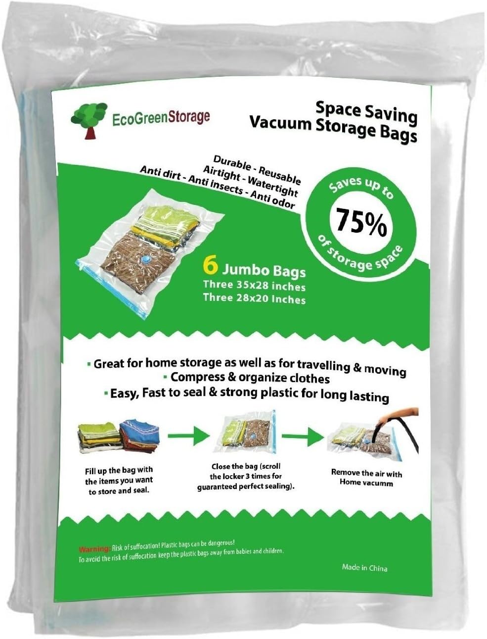 Ecogreen Storage Jumbo Space Saver Vacuum Storage Bags, Save on Jumbo Storage Bags Excellent for Long Term Storage or Saving Extra Space WhileTraveling, 6 Piece