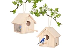 YUEPET 2Pcs Outdoor Bird Houses Transparent Wooden Bird House for Outside with Lanyard and Screws,Hanging Birdhouse Clearance for Finch Bluebird Cardinals Hummingbird