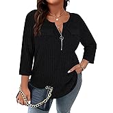 Viracy Women Plus Size Sweaters 3/4 Sleeve Zip V Neck Ribbed Solid Color Casual Blouses Tops XL-5XL