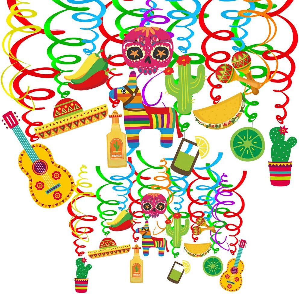 Supla30 pcs Fiesta Hanging Swirl Decorations Mexican Fiesta Cinco De Mayo Party Swirls Hanging Swirl Streamers Foil Hanging Ceiling Décor for Ceiling Spiral Decorations Party Backdrops