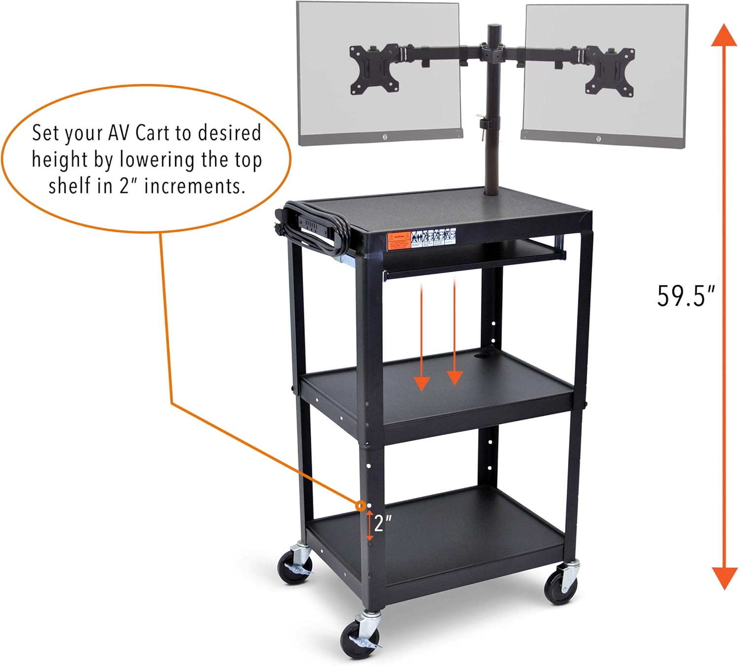 Line Leader AV Cart with Keyboard Tray and Dual Monitor Mount - Mobile Workstation/Presentation Cart with Monitor Arm - Take Your Office On-The-Go with Our Stand Up Computer Cart (Black / 24 x 18) : Office Products