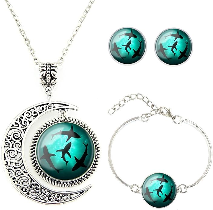 Moon Pendant Circling Sharks Necklace Whale Jewelry Shark Pendant Best Friend Necklace Bracelet Earrings Jewelry Set Gift for BFF