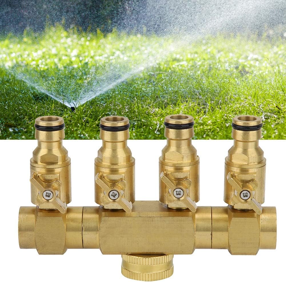 4 Way Value Garden Hose Connector, Heavy Duty Copper Faucet 3/4inch Inlet 4 Way Hose Splitter Garden Hose Connector with Turn On/Off Wwitch for Home Garden Lawn and Commercial