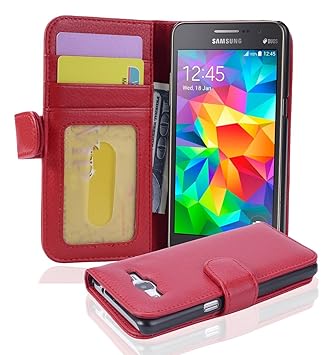 Cadorabo Hülle für Samsung Galaxy Grand Prime - Hülle in Inferno ROT – Handyhülle mit 3 Kartenfächern - Case Cover Schutzhüll