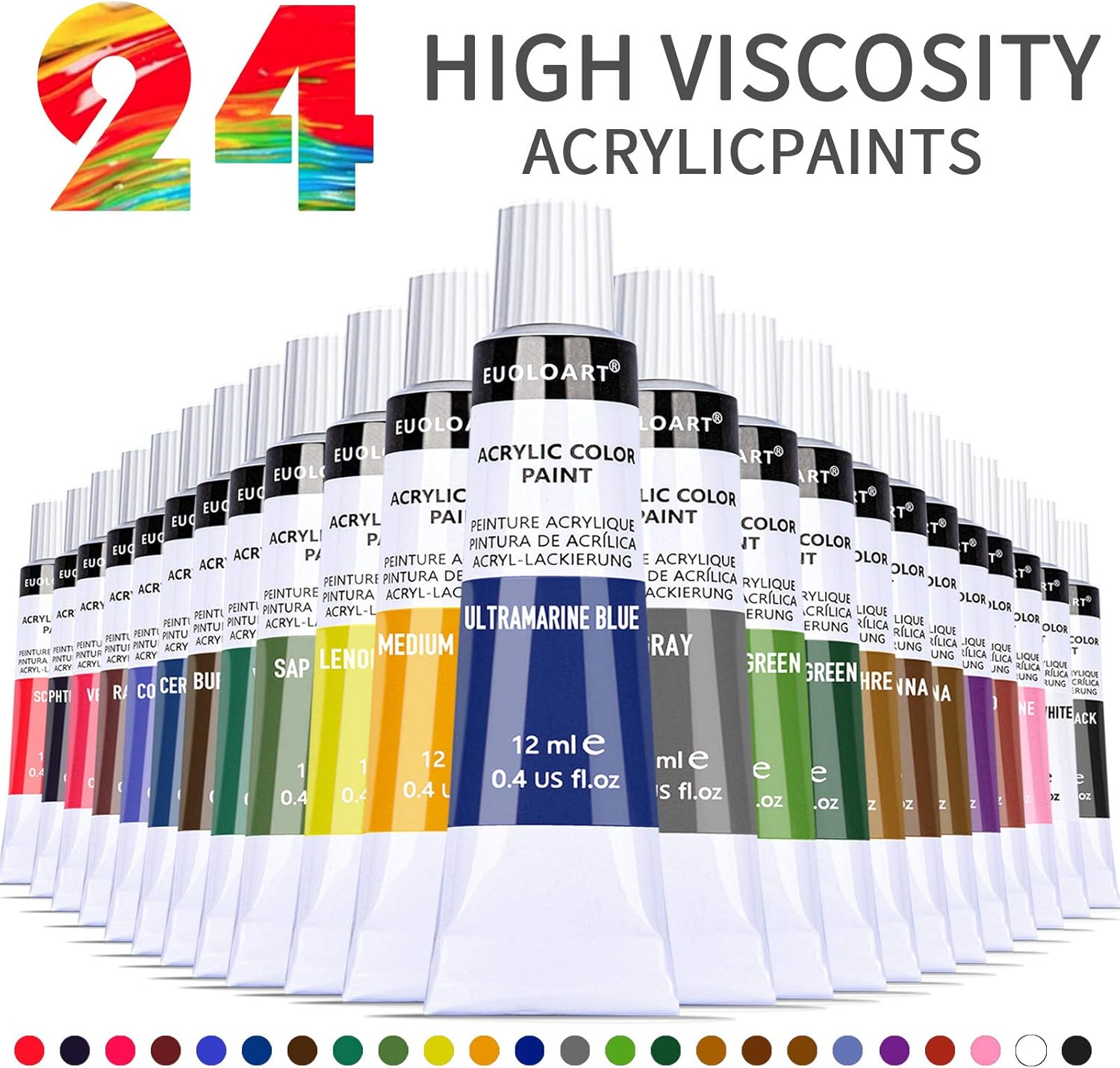 Complete Acrylic Paint Set - 24x Craft Paints, 18pcs Artist Paint Brushes with Palette, Painting Knife & Sponge in Canvas Bag for Acrylic, Oil & Watercolor -for Adults and Kids