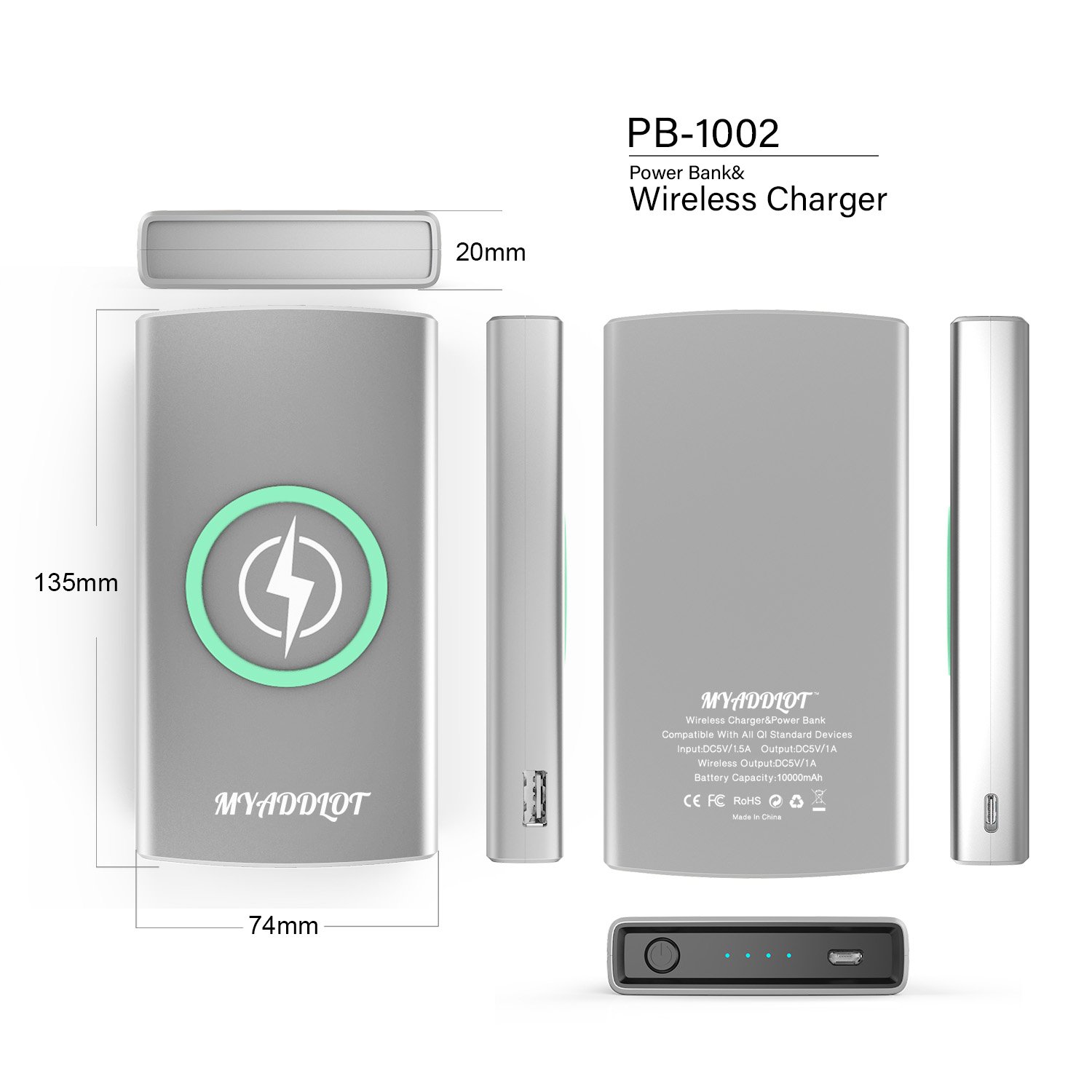 Wireless Charger Power Bank REAL 10000mAh External Battery Wireless Charging Station for iPhone X / 8 / 8 Plus Galaxy S9 / S9+ / S8 / S7 / Note 8 and Other Qi-Enabled Phones by Myaddlot(Sliver)