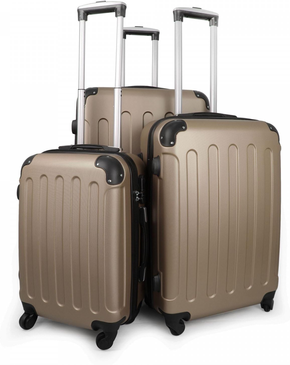 Leogreen - Set of Carry On Suitcase, Luggage Trolley, 20 24 28 inch (51 61 71 cm), Champagne, Protected Corners, ABS, Material: ABS Plastic, Weight: 3 kg (Small) 3.5 kg (Medium) 4.5 kg (Large)
