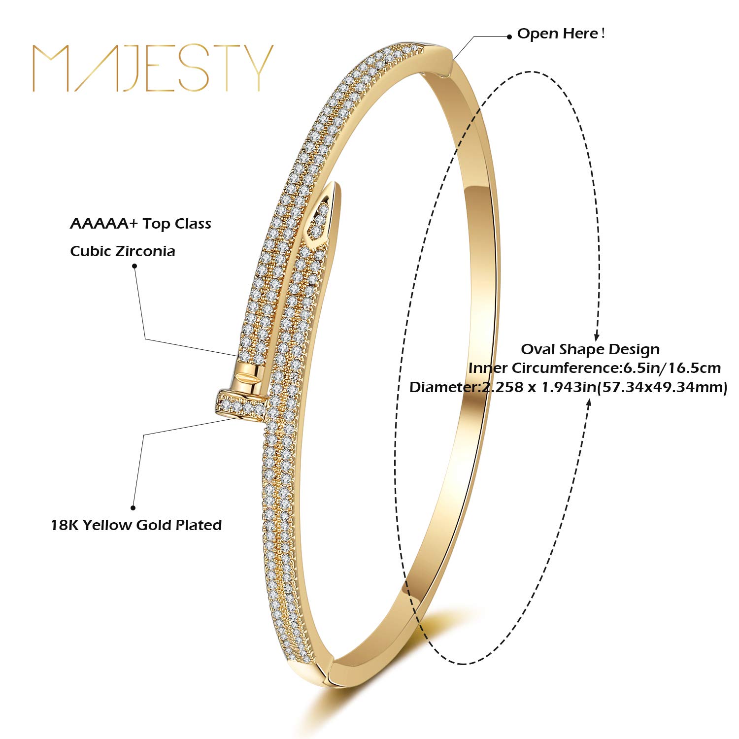 Majesty Nail Bracelet Valentines Bracelets for Women Teen Girls Synthetic Diamond Bracelets for Women Yellow Gold Plated Cubic Zirconia Screw Bracelet