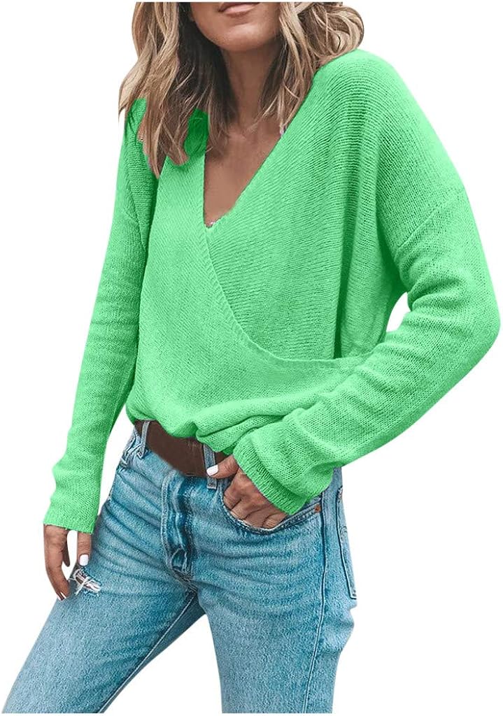 L9WEI Women's V-Neck Pullover Elegant Long Sleeve Jumper Chunky Knit Sweater Sexy Knitted Jumper 