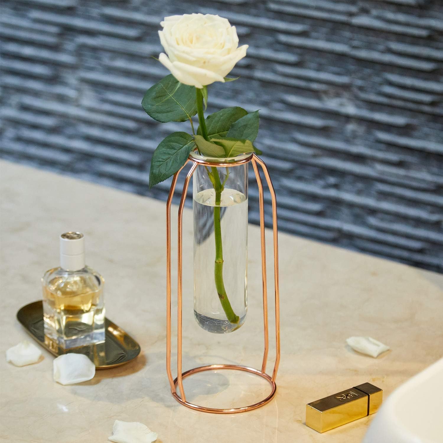 PuTwo Vases Set of 2 Metal Flower Vase Glass Vase Planter Terrariums Gold Vases Rose Gold Vase Plant Vase Glass Vases Cylinder Vase Vases for Decor Clear Vase Decorations for Living Room - Rose Gold : Garden & Outdoor