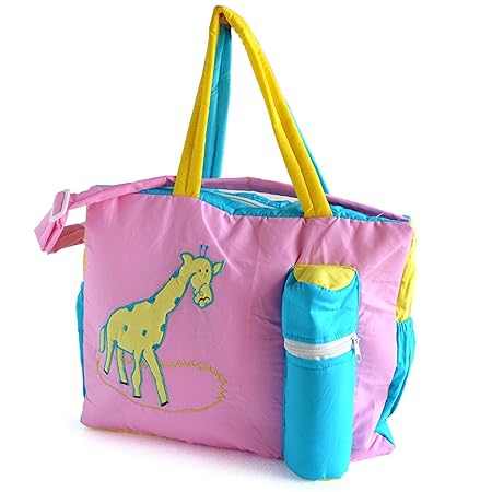 Goodluck New Born Baby Cotton Fabric Multipurpose Mother Bag with Holder Diaper Changing Multi Compartment (Giraffe Pink)