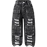 Verdusa Toddler Girl's Distressed Ripped Jean Cargo Pants Y2K Leg Denim Pants with Pockets