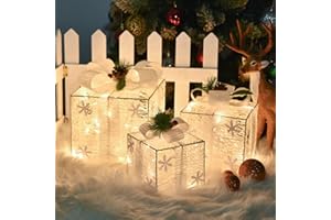 COVFEVER Christmas Lighted Gift Boxes with Snowflake Ornament, 3 Pack Pre-lit Present Boxes Set Battery Operated with Different Sizes for Holiday Indoor Outdoor Decorations (3 Pack) (Snowflake-2)