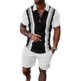 UOUA Mens Summer Track Suits 2 Piece Shorts Sets Short Sleeve Sweatsuit Outfits 1/4 Zip Golf Polo Splicing Striped Shirts