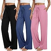 Sweetyweee 3 Pack Women's Lounge Pants Wide Leg Yoga Pants Loose Drawstring High Waisted Pajama Bottoms with Pockets
