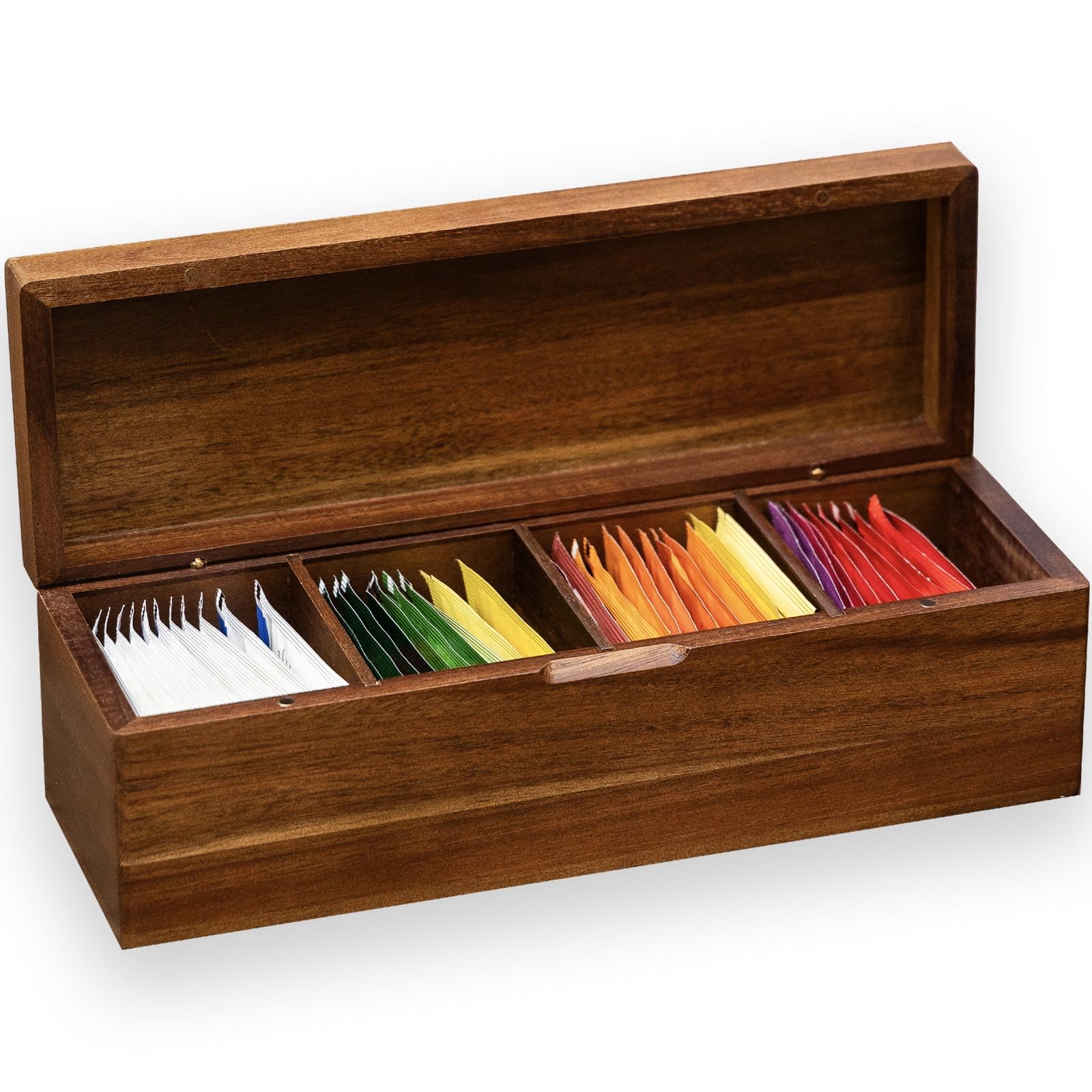 Photo 1 of Acacia Wooden Tea Bag Organizers, Tea packet Storage Boxes, Tea Caddy for Tea Bags Chest, Teabag Holder Containers, Teabox Station Display, Organizador De Tes Caja Para Te, 4 Compartments