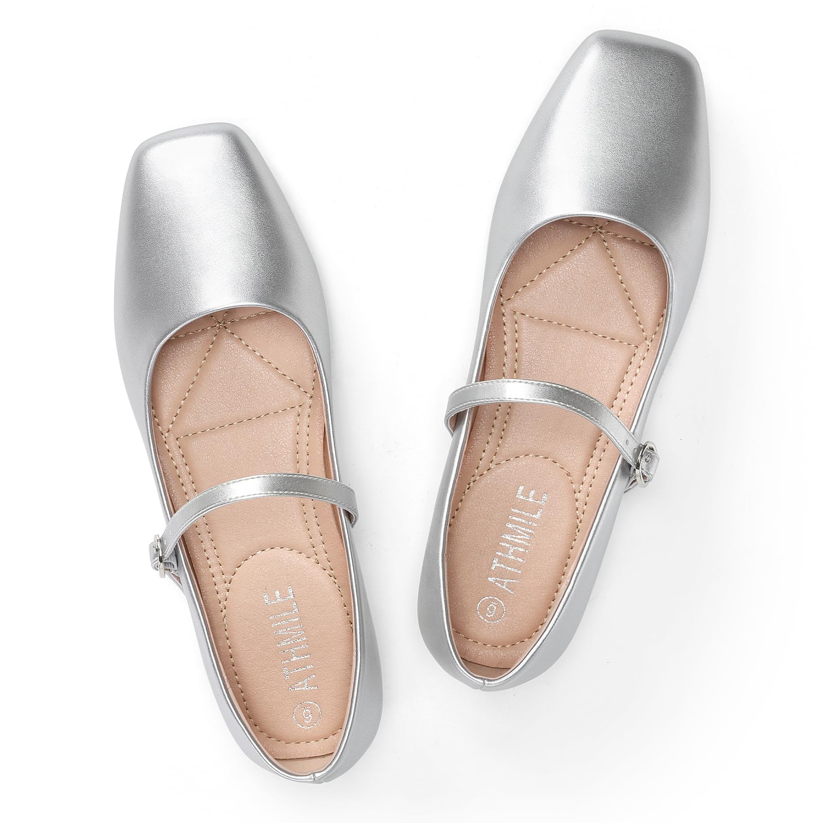 Photo 1 of ATHMILE Mary Jane Shoes Women Ballet Flats Shoes for Women Slip on Comfortable Dressy Adjustable Strap for Work Office Business Casual Silver