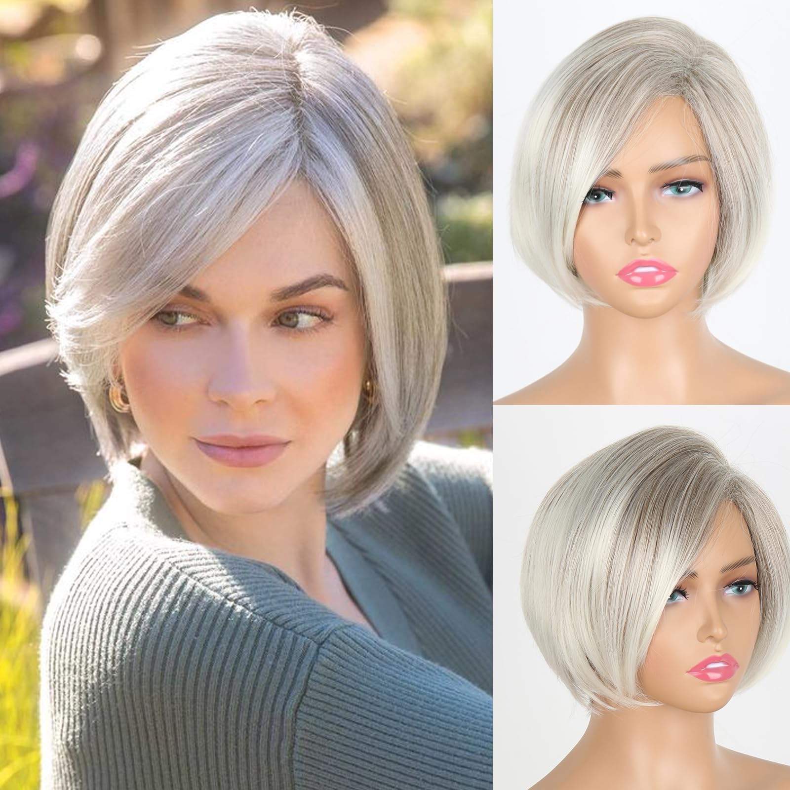 Photo 1 of Matthia Straight Bob Wig Platinum Blonde Short Wigs for White Women, Short Bob Pixie Cut Wigs with Side Bangs Charming Synthetic Glueless Layered Bob Wig Daily Use Wigs (Highlight with Light Blonde)