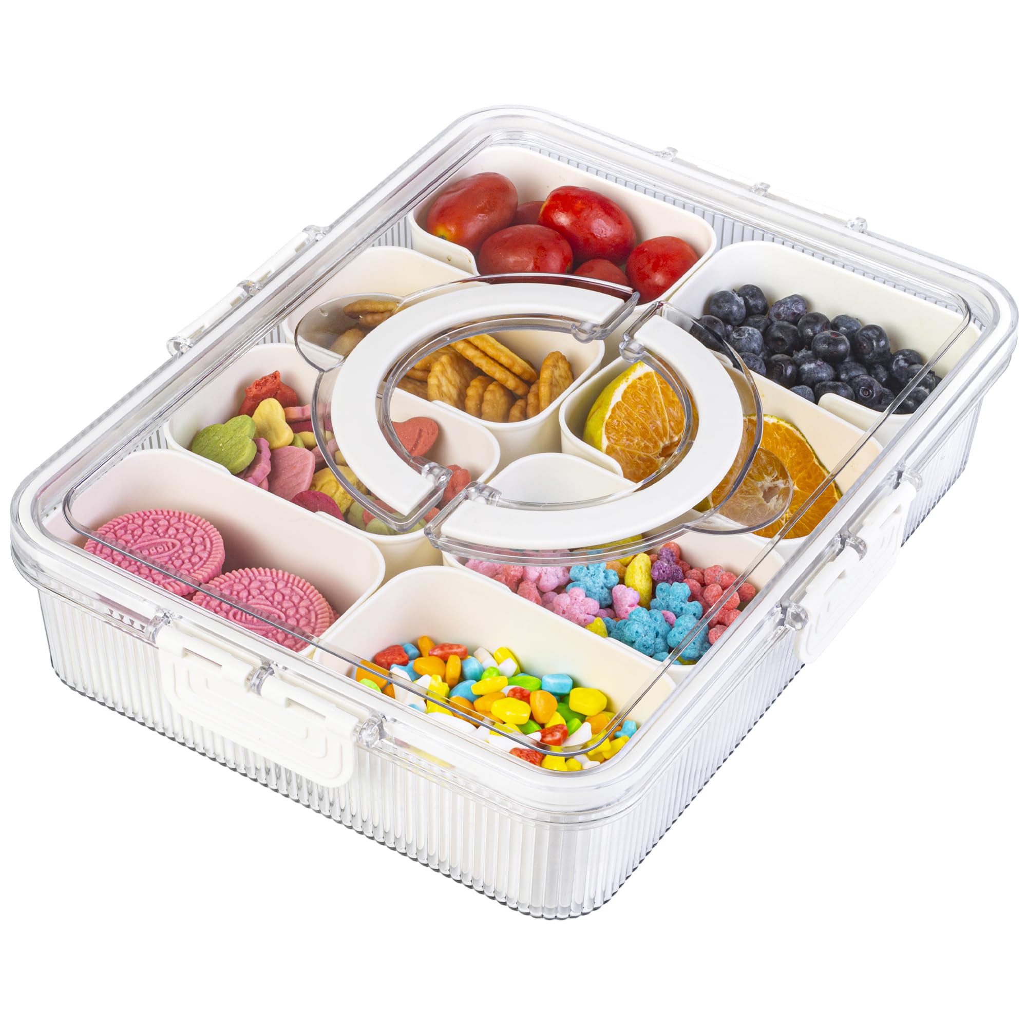 Photo 1 of Patent Design Ribbed Snackle Box Container Snack Container Divided Serving Tray with Lid and Handle, 8 Divider Portable Snacklebox for Travel Beach for Charcuterie Veggie Fruit 1 Pack