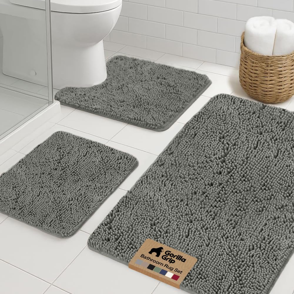 GORILLA GRIP Bathroom Rug Sets 3 Piece, Bath Mat Set and Oval Toilet Base with Rubber Backing, Plush Absorbent Shaggy Chenille Washable Mats, Includes 24x19.5, 24x17 and 36x24 Inch Rugs, Charcoal