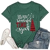 DESFSE Merry Christmas Shirts for Women Christmas Short Sleeve Tshirt Xmas Buffalo Plaid Tree Cute Graphic Print Tee Tops