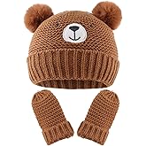 Cute Bear Baby Beanie Pompom Baby Hat Mittens Set Infant Toddler Beanie for Boys Girls