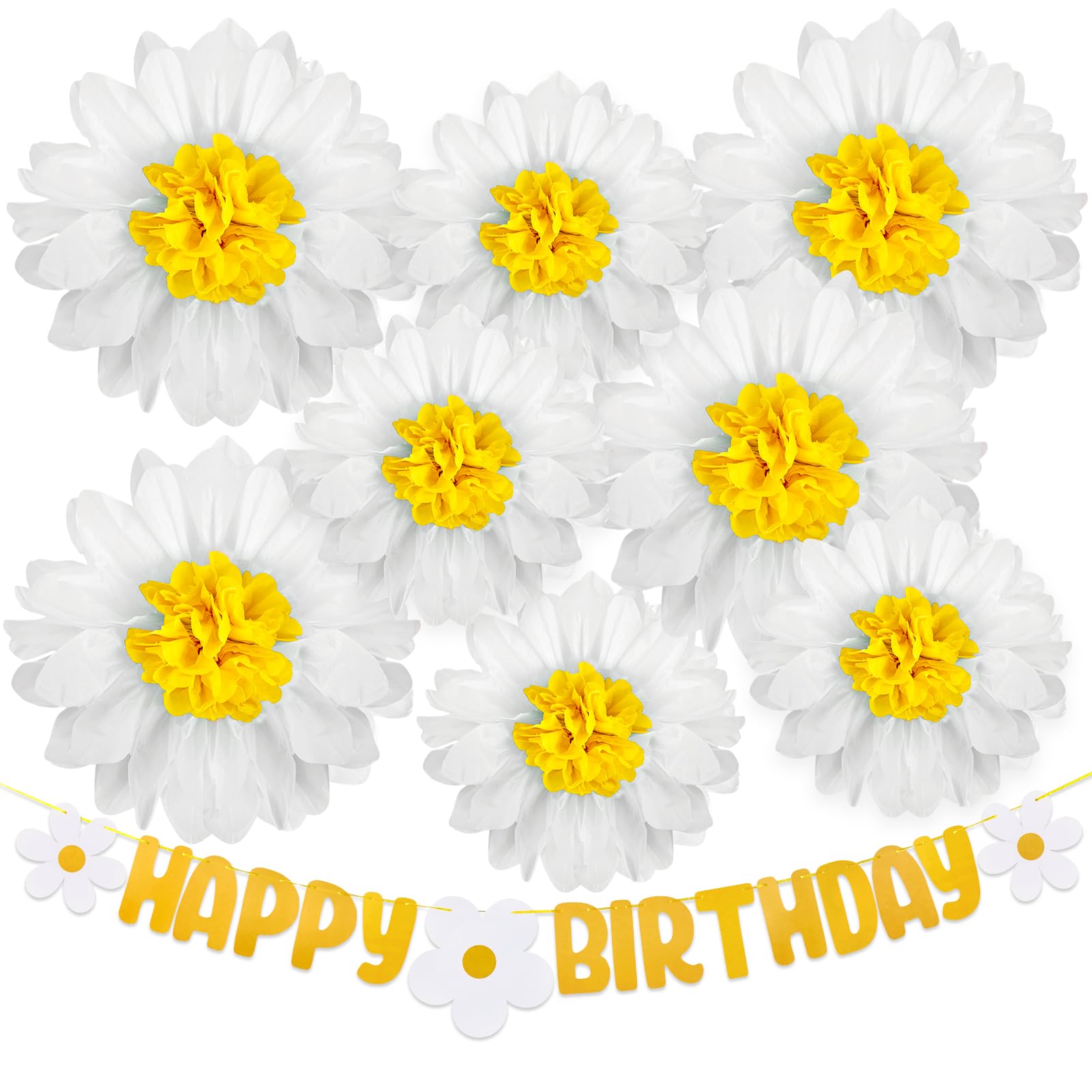Photo 1 of Daisy Tissue Paper Pom Poms,Daisy Birthday Party Decorations ,Premium Tissue Paper Flowers Decorations for Wall, 1st Birthday, Baby Shower ,Wedding, Classroom