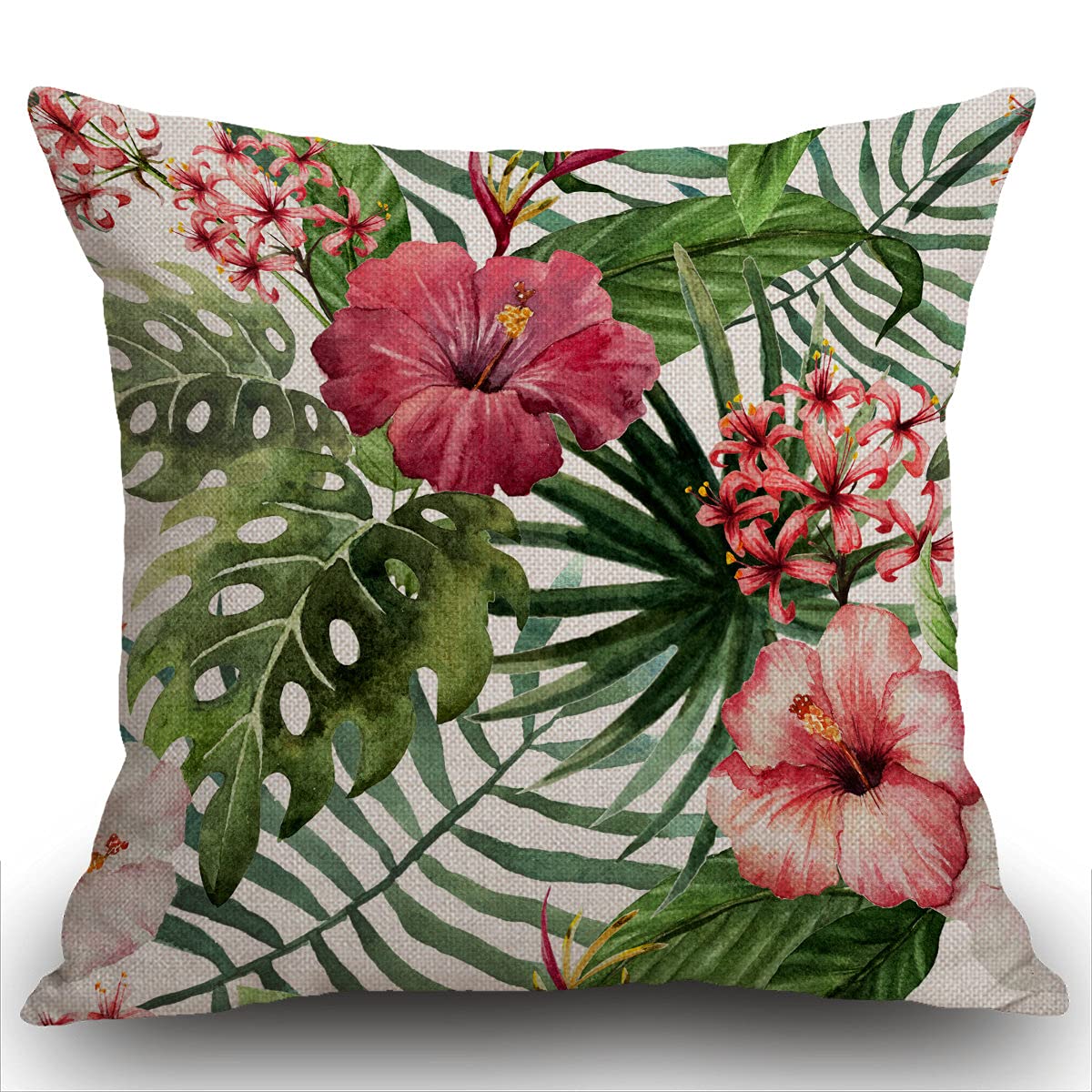 Smooffly Throw Pillow Case Watercolor Tropical Floral Pattern Cushion Covers 18x18 inch Linen Square Throw Pillow Cover for Living Room Sofa Couch Bed Pillowcase 45cm x 45cm