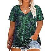 CARCOS Plus Size Sequin Top for Women Short Sleeve Party Blouse Evening Sparkle Shimmer V Neck Glitter Shirt Ladies XL-5XL