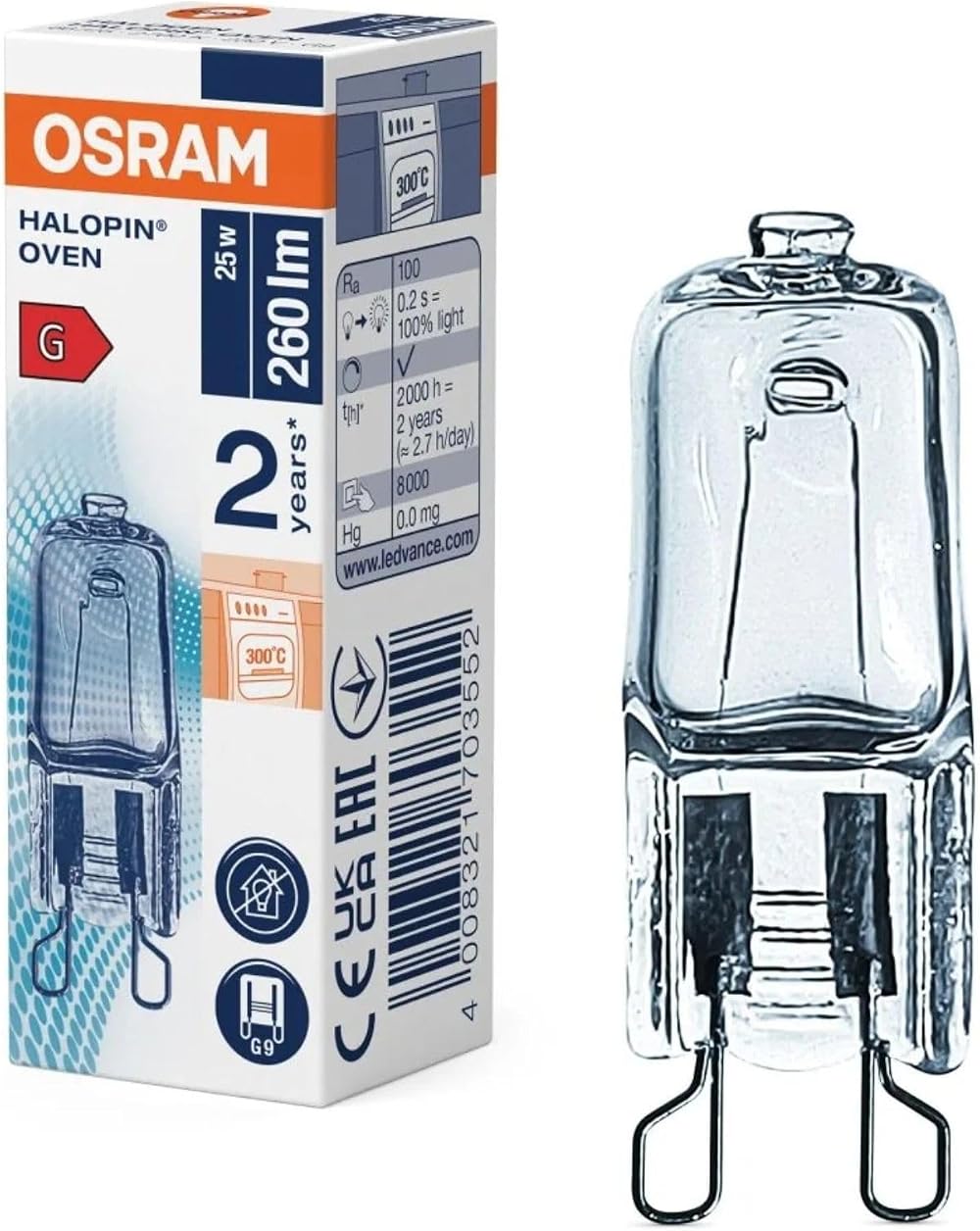 OSRAM Halopin Special Oven Bulb G9 230V 25W High Temp 2000h
