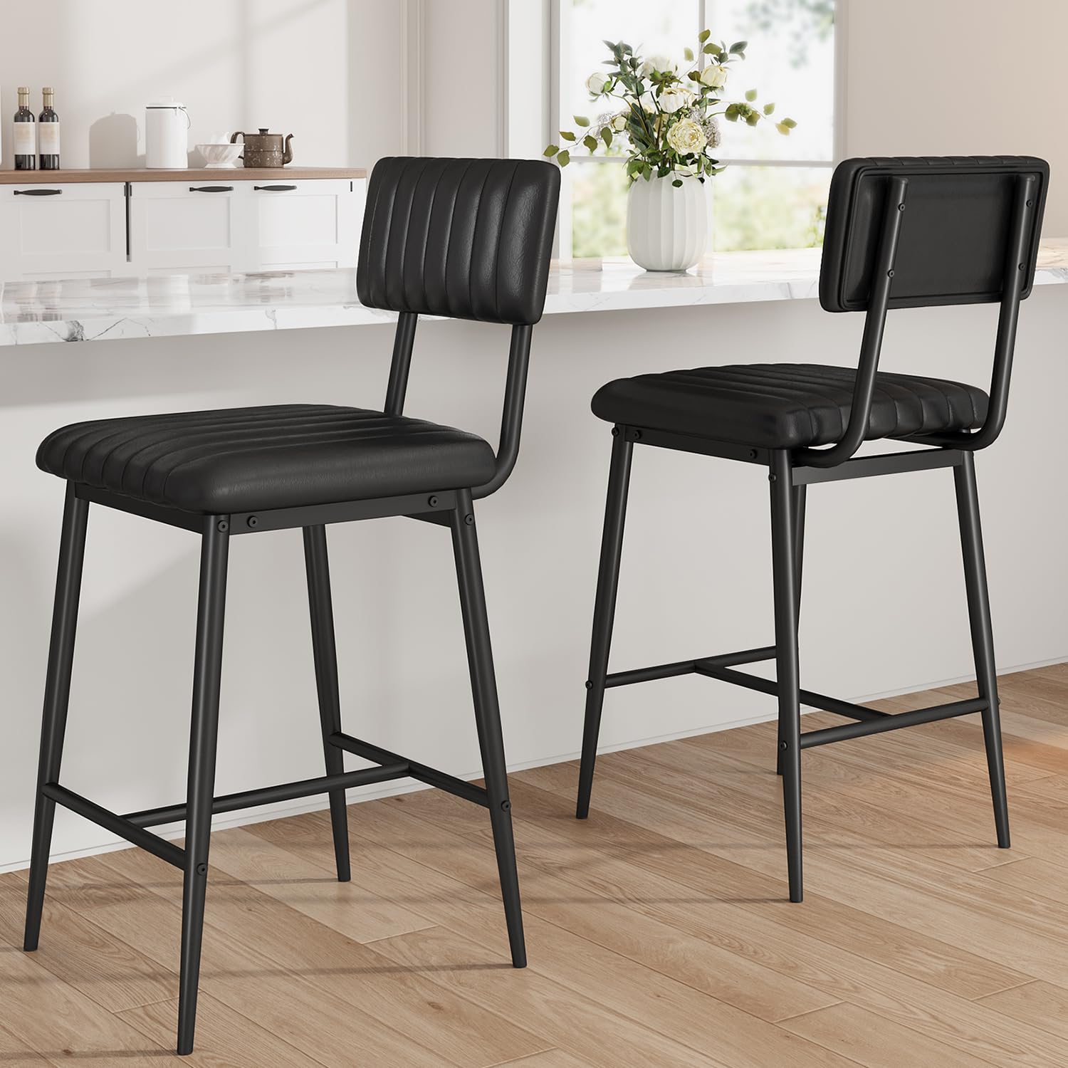 Photo 1 of ** SET OF 2** IDEALHOUSE Bar Stools Set of 2 w/Back & Footrest, Counter Height Bar Stools Set of 2 with Thick Cushion & Thickened Metal Legs, Upholstered Counter Height Bar Stools for Island, Counter Bar, Black