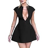 YMDUCH Women's Sexy Deep V Neck Cap Sleeve A-line Mini Club Party Dress