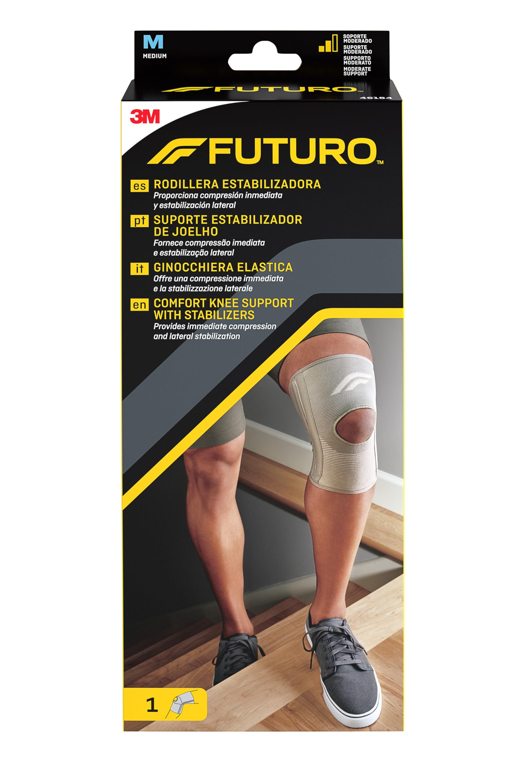 FUTURO Comfort Knee Support with Stabilizers, Medium (36.8 - 43.2 cm) – Lateral Stabilization, Immediate Compression, Open Patella Design, Breathable, For Daily Wear and Exercise