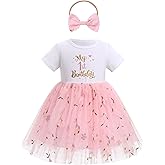 ODASDO Baby Girls First Birthday Outfit Cotton Short Sleeve Tulle Tutu Princess Dress with Bowknot Headband Set