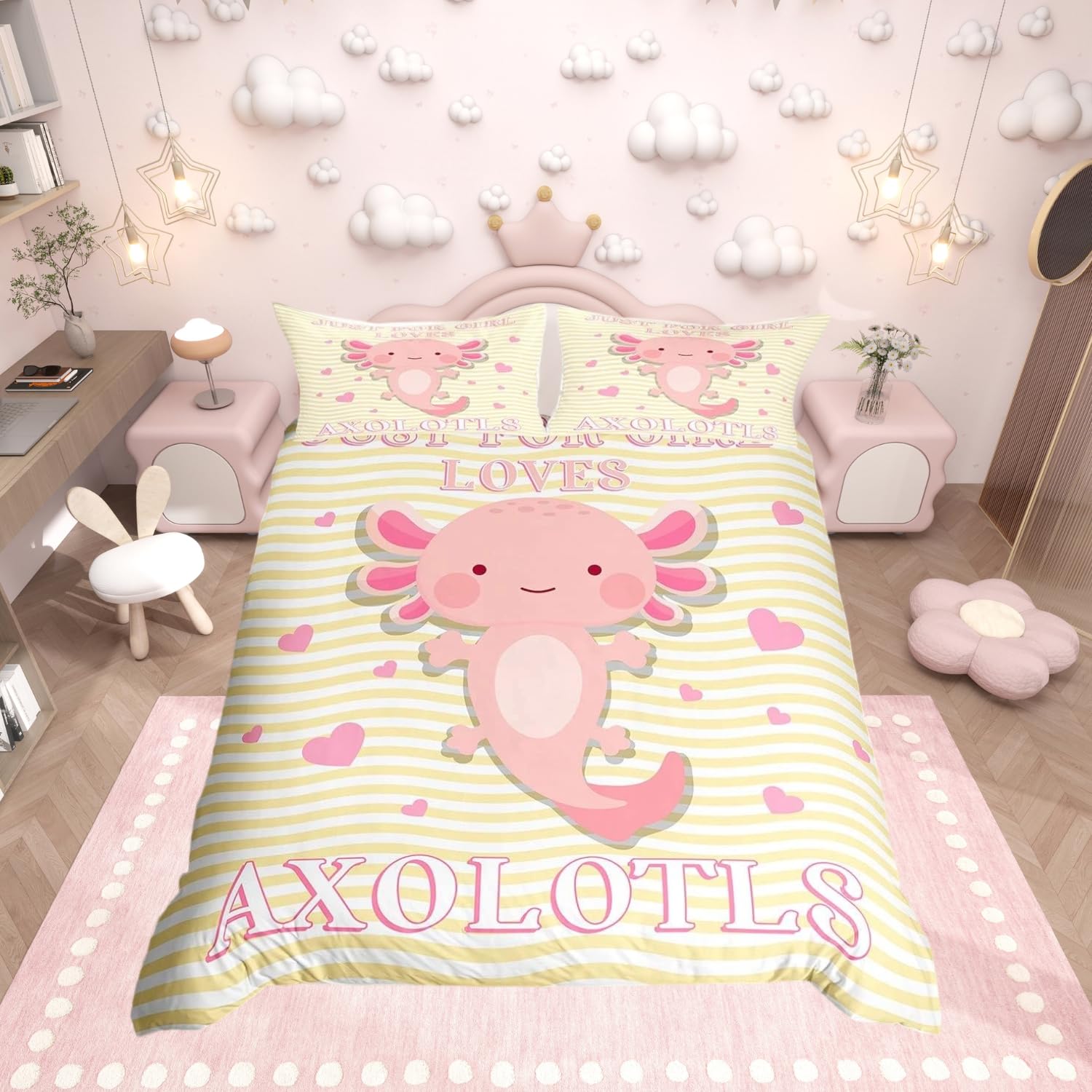 Axolotl Comforter Cover Gift For Girls Women Cartoon Axolotls Duvet Cover Single Size Room Decor Cute Fish Decor Bedding Set Kids Kawaii Animal Pet Reptile Geometric Stripes Quilt Cover Yellow — image 1