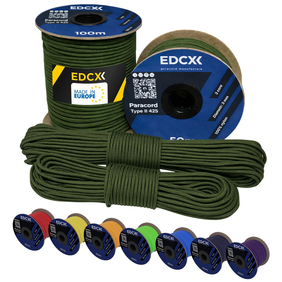 EdcX 3 mm Nylon Paracord 425 (15, 30, 50 and 100m) – 3 mm Type II, 100% Nylon Rope, 3 Strand Rope, 3 mm Nylon Rope in Many Colors (Moss, 15 m)