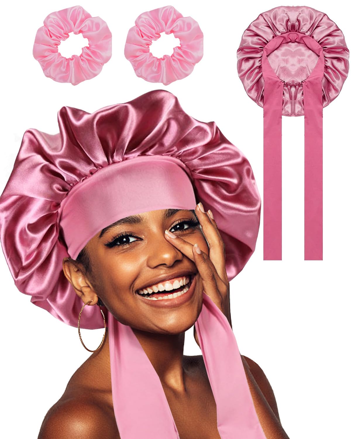 Satin Hair Cap Sleeping for Women, Double Sided Silk Bonnet Bonnet Sleep Cap for the Night for Women with 2 Silk Hair Bobbles Protect Hair Cap Sleep Cap Hair