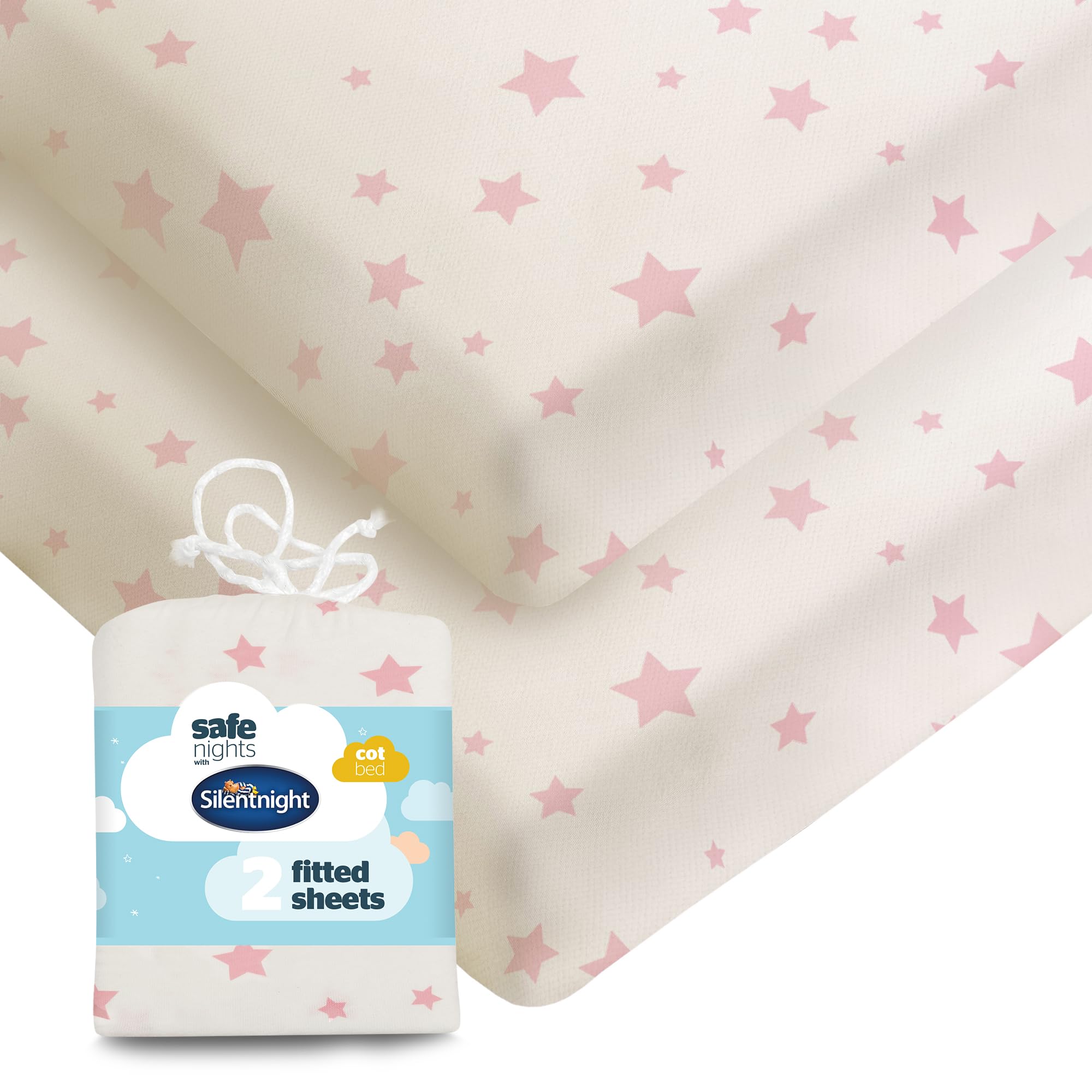 Silentnight Safe Nights Fitted Sheet - Cot Bed Mattress - Breathable 100% Cotton Jersey - Super Soft Kind to Baby Skin - 140x70cm - Secure Fit with Elasticated Corners - 2 Pack, Pink Stars