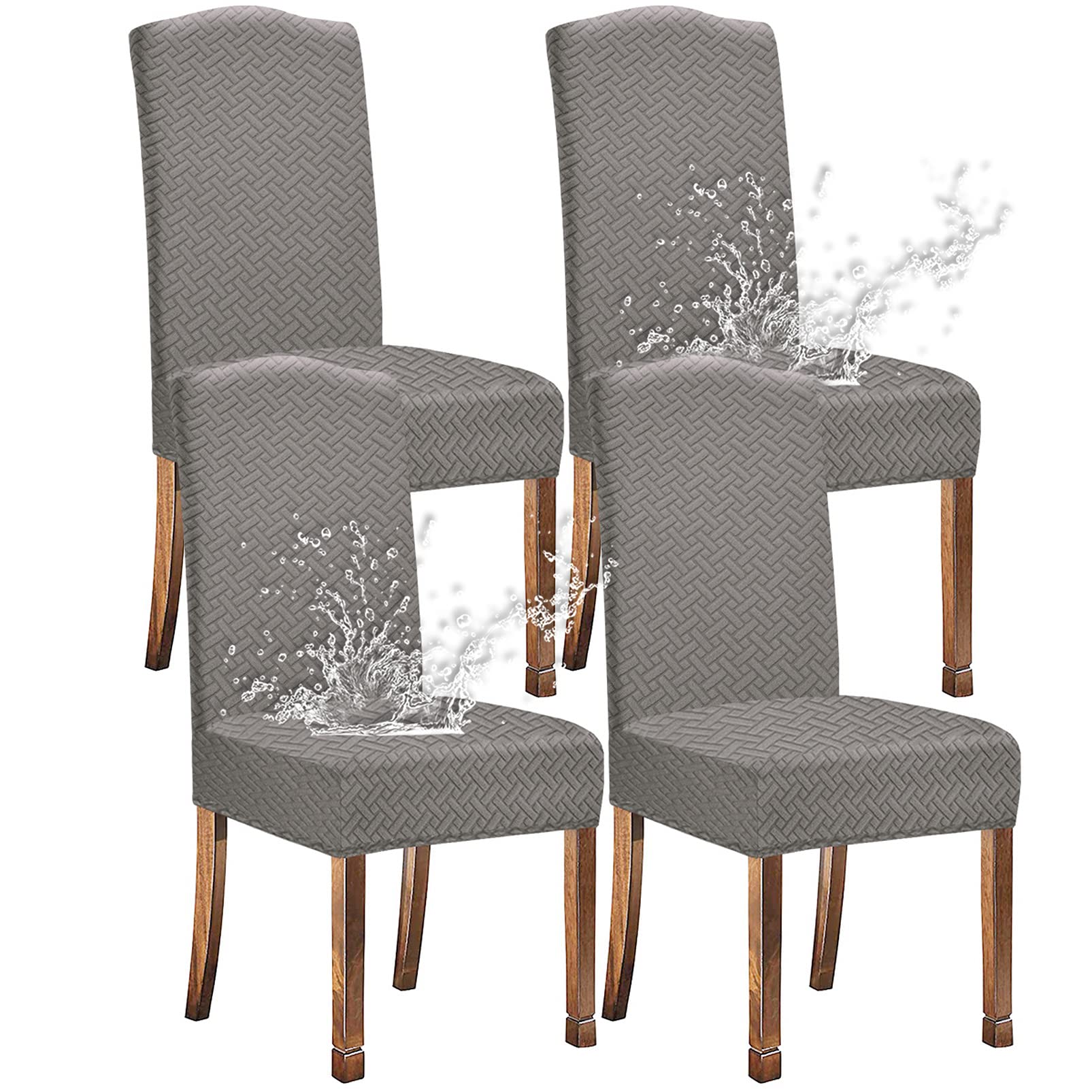 KELUINA Stretch Water-Repellent Twill Jacquard Dining Room Chair Covers Home Decor,Chair Covers for Dining Room Chairs Restaurant Hotel Ceremony (Light Gray,4 Pieces)