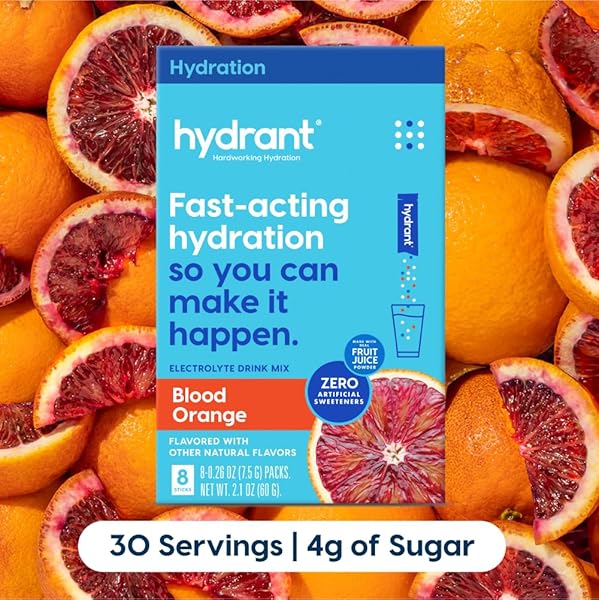 HYDRANT HYDRATE, INDIVIDUAL HYDRATION ELECTROLYTE POWDER STICK PACKETS WITH NO ARTIFICIAL SWEETENERS, COLORS, OR FILLERS (BLOOD ORANGE, 8 PACK)