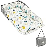 Huggynest Baby Lounger, Foldable Portable Infant Lounger for Newborn 0-12 Months, Breathable and Soft Cotton Home Travel Dual-Purpose Baby Nest - Blue Dinosaur