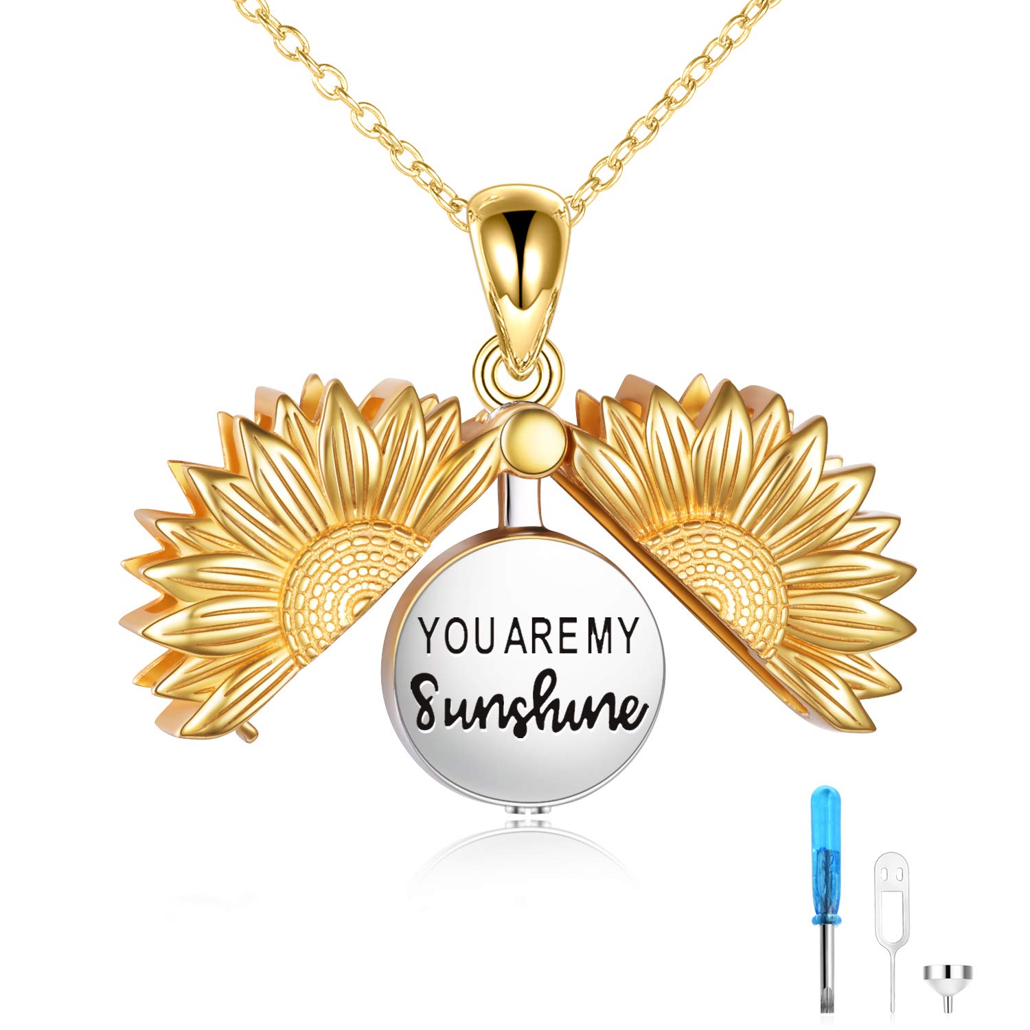 VONALA 925 Sterling Silver Sunflower Urn Necklace You are My Sunshine Locket Keepsake Ashes Cremation Hair Memorial Jewellery