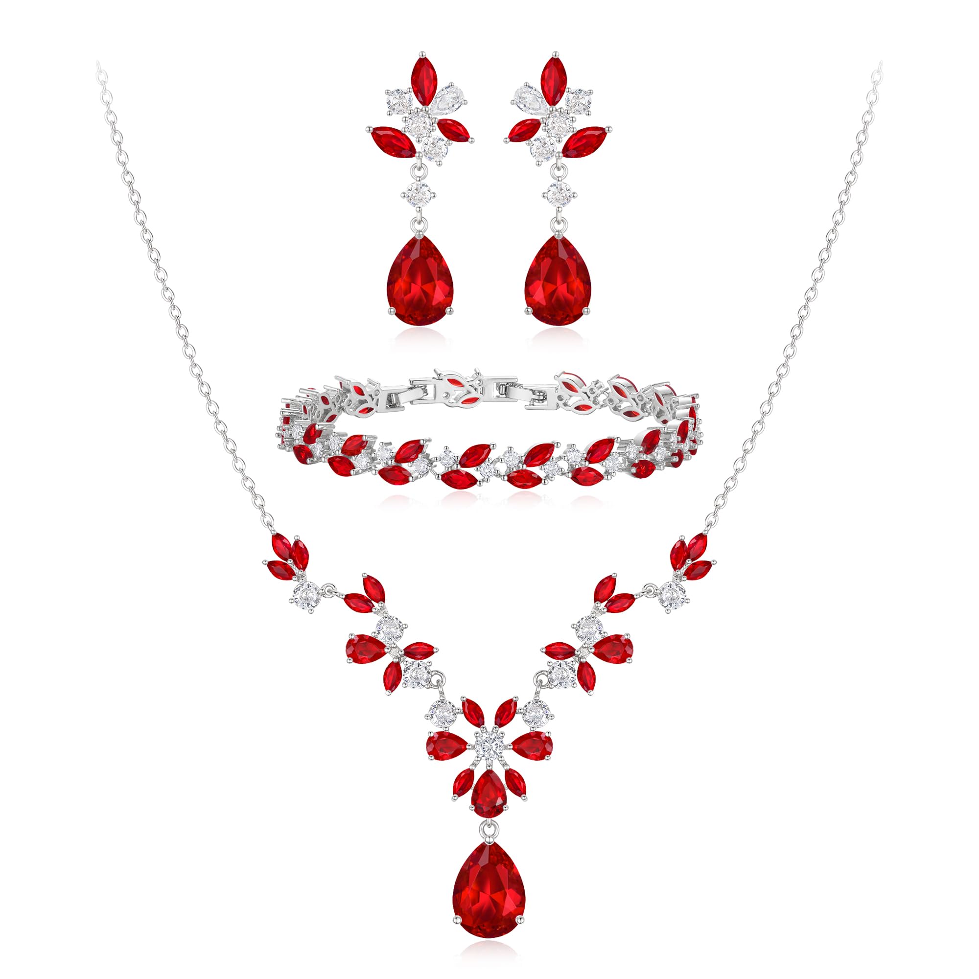 Clearine Wedding Cubic Zirconia Jewellery Set for Brides Bridesmaids, Teardrop Pendant Necklace Tennis Bracelet Chandelier Leaf Dangle Earrings for Women Ruby Silver-Tone
