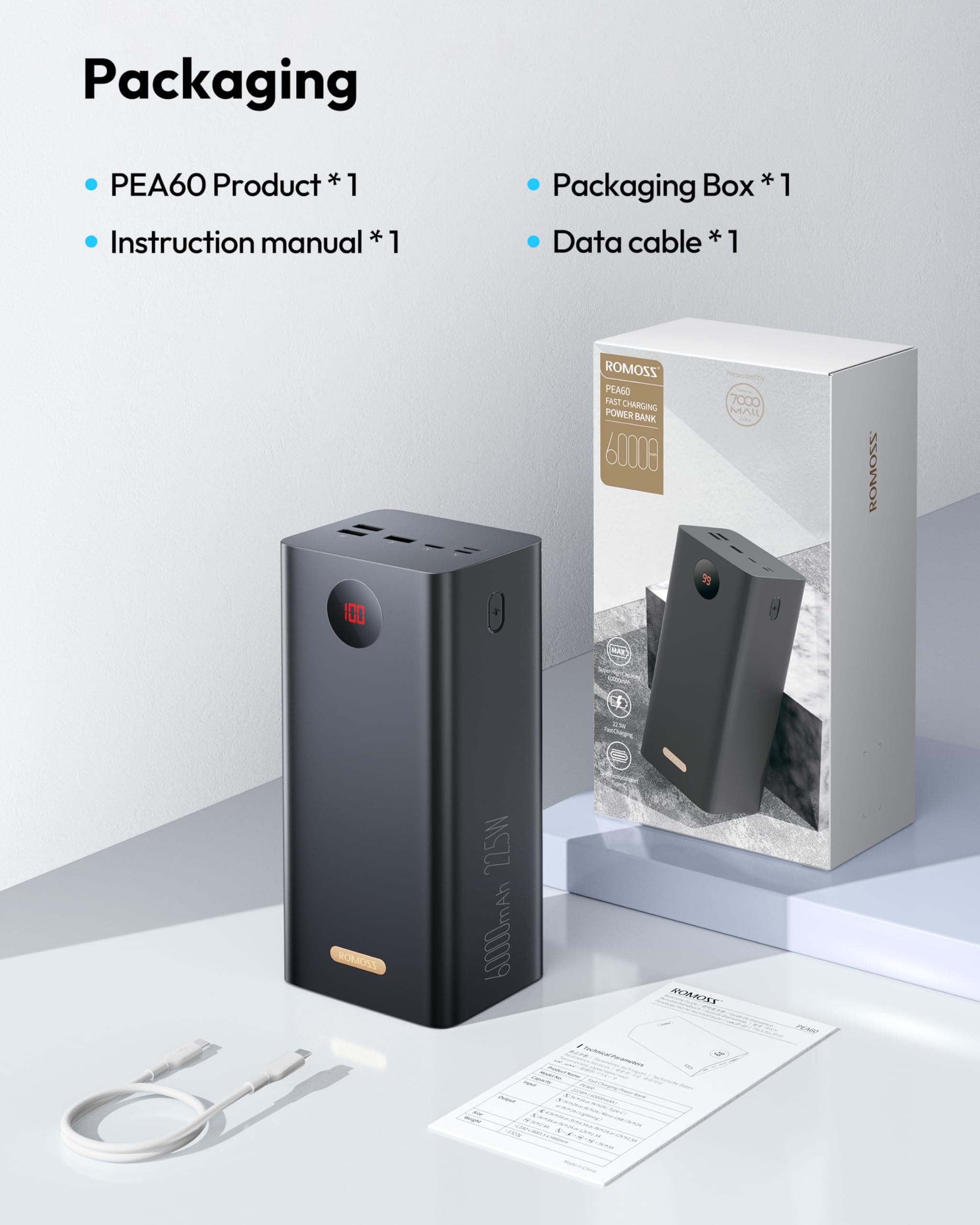 ROMOSS 60,000mAh Large Power Bank, High Capacity Portable Charger 22.5W USB C Fast Charging, Long Lasting External Battery Pack with 4 Outputs & 3 Inputs for iPad, iPhone, Samsung, Switch and More